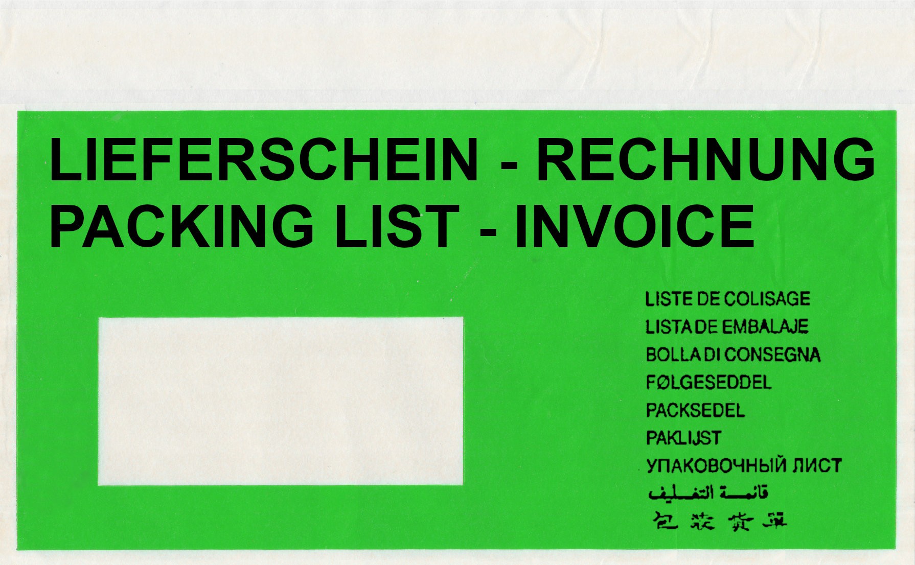 Begleitpapiertaschen grün DIN lang "PERGAMIN" mit Aufdruck "Rechnung / Lieferschein"