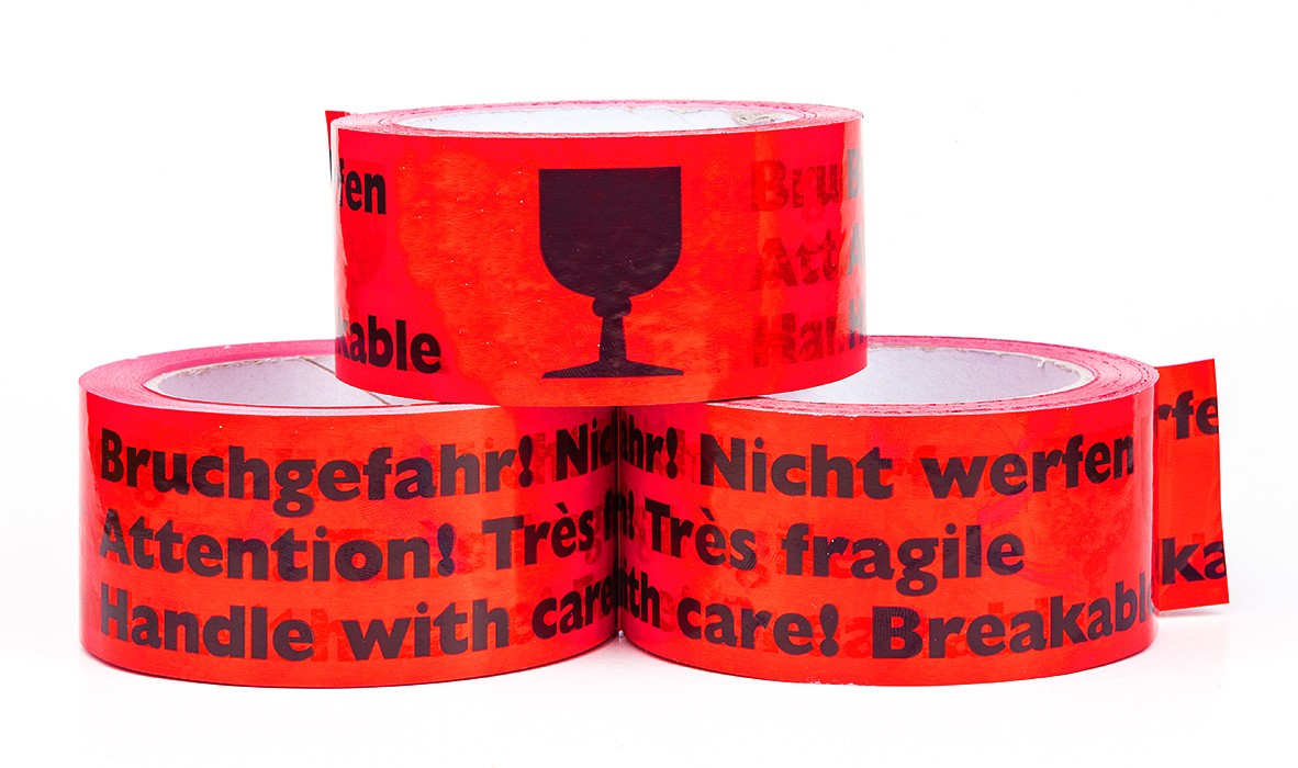 Selbstklebeband PP 50 mm / 66 m rot mit schwarzem Aufdruck "Bruchgefahr"